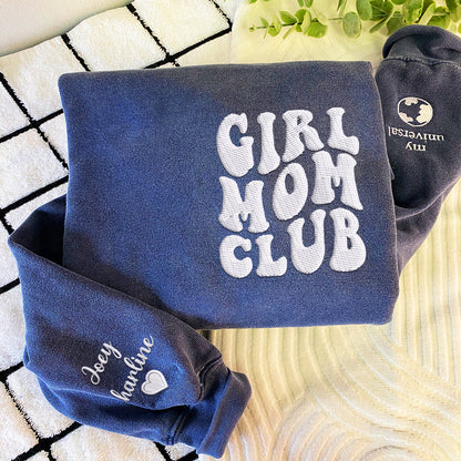 Custom Embroidered Girl Mom Club Sweatshirt with Kids Names on Sleeve