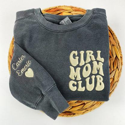 Custom Embroidered Girl Mom Club Sweatshirt with Kids Names on Sleeve