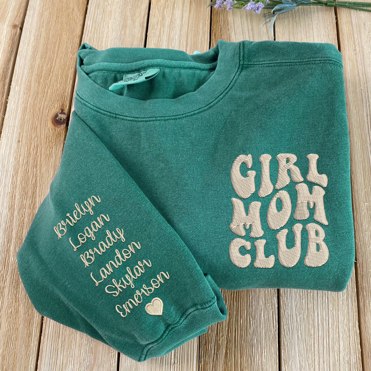 Custom Embroidered Girl Mom Club Sweatshirt with Kids Names on Sleeve