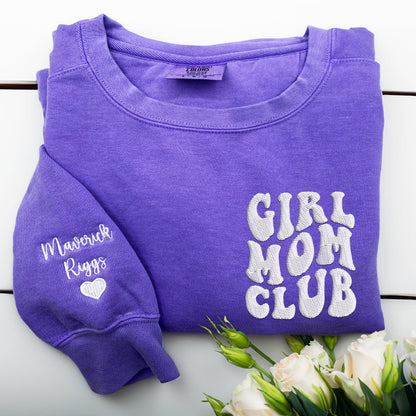 Custom Embroidered Girl Mom Club Sweatshirt with Kids Names on Sleeve