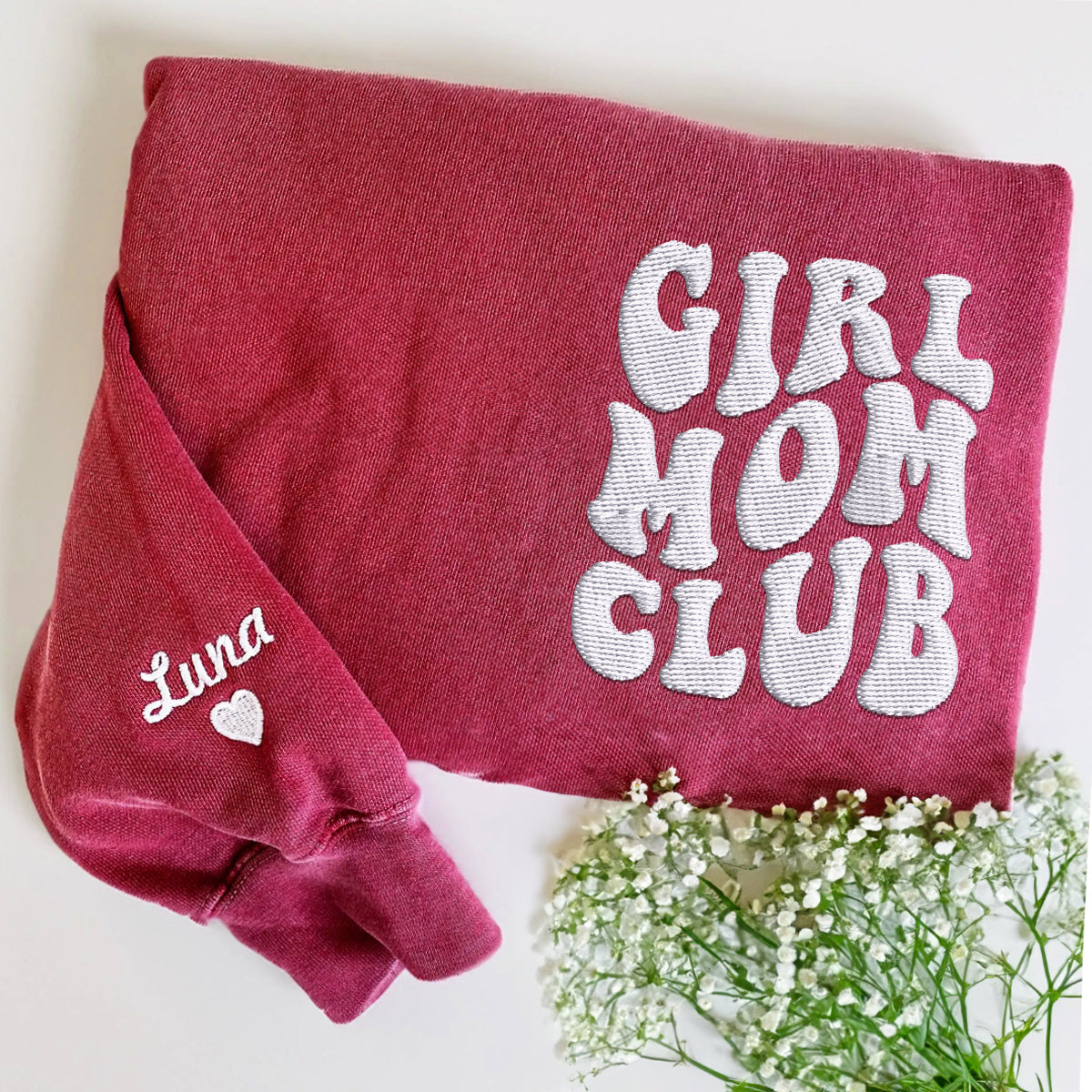 Custom Embroidered Girl Mom Club Sweatshirt with Kids Names on Sleeve