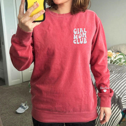 Custom Embroidered Girl Mom Club Sweatshirt with Kids Names on Sleeve