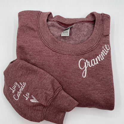 Custom Embroidered Grammie Sweatshirt Hoodie with Grandson Names on Sleeve, Unique Gift for Grandma