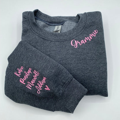 Custom Embroidered Grammie Sweatshirt Hoodie with Grandson Names on Sleeve, Unique Gift for Grandma