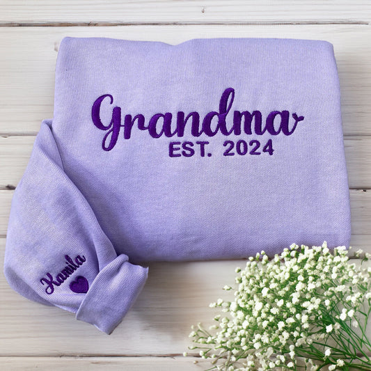 Custom Embroidered Grandma Est Sweatshirt with Kid's Name on Sleeve