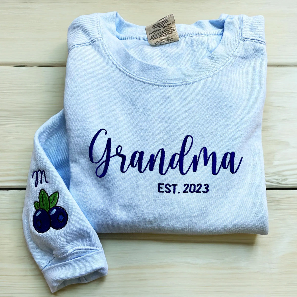 Custom Embroidered Grandma Est Sweatshirt with Kid's Name on Sleeve