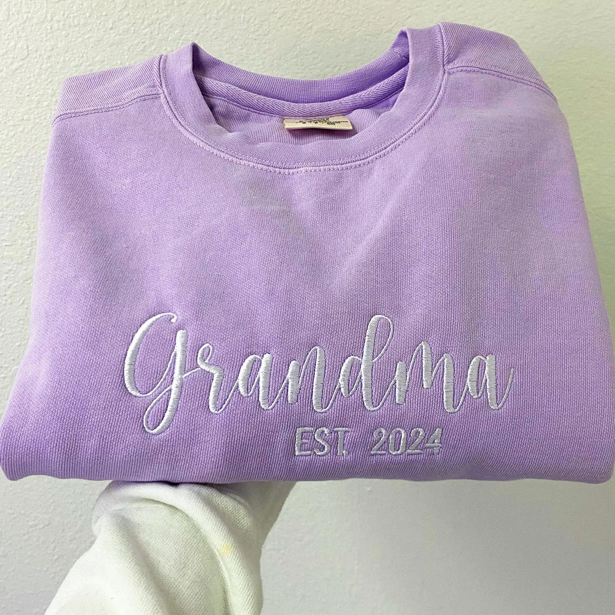 Custom Embroidered Grandma Est Sweatshirt with Kid's Name on Sleeve