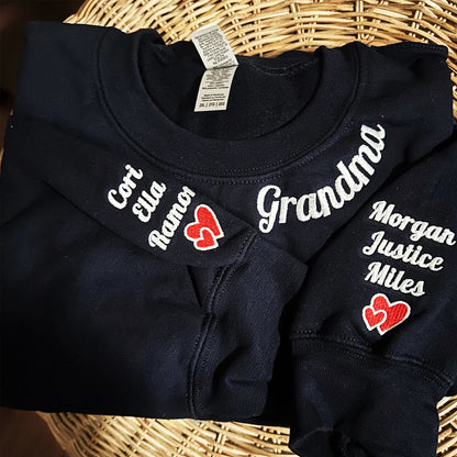 Custom Embroidered Grandma Sweatshirt Hoodie with Kid's Name on Sleeve