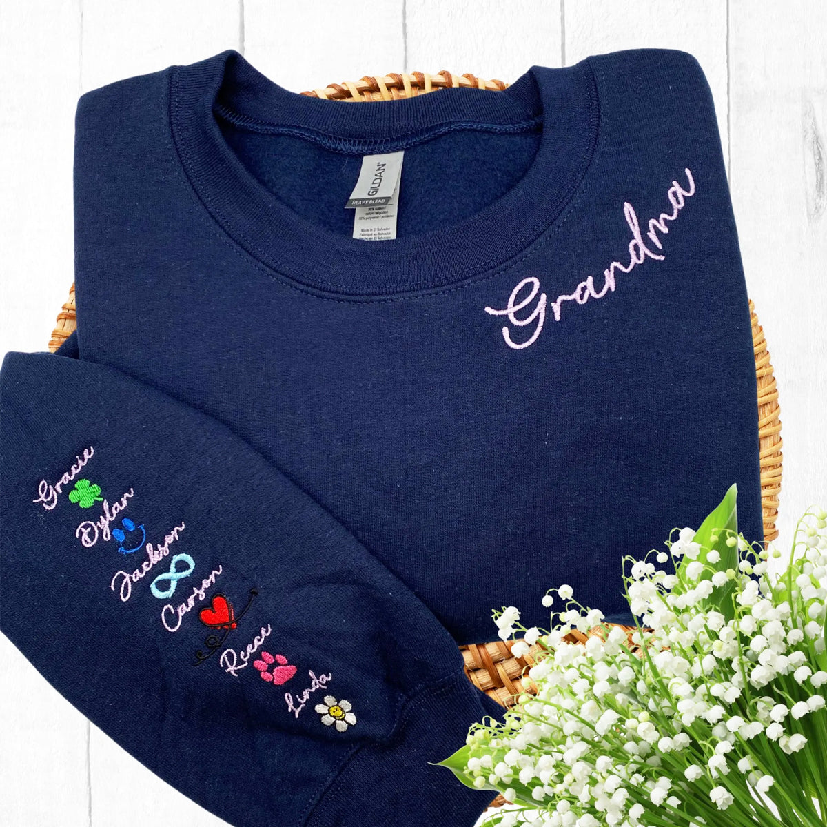 Custom Embroidered Grandma Sweatshirt Hoodie with Kid's Name on Sleeve