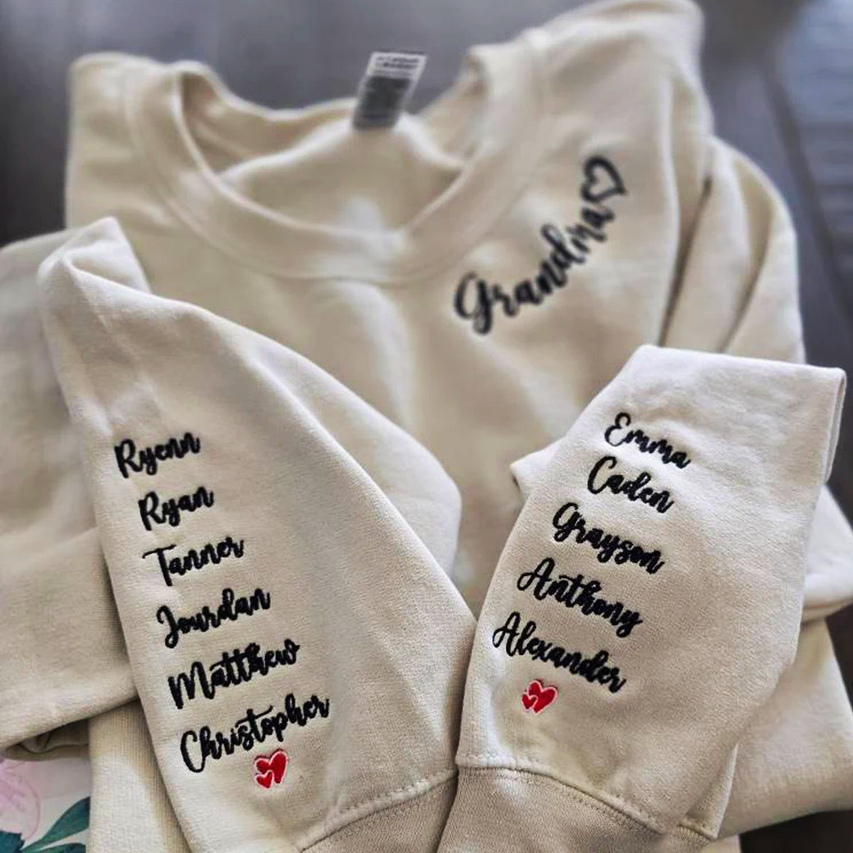 Custom Embroidered Grandma Sweatshirt Hoodie with Kid's Name on Sleeve