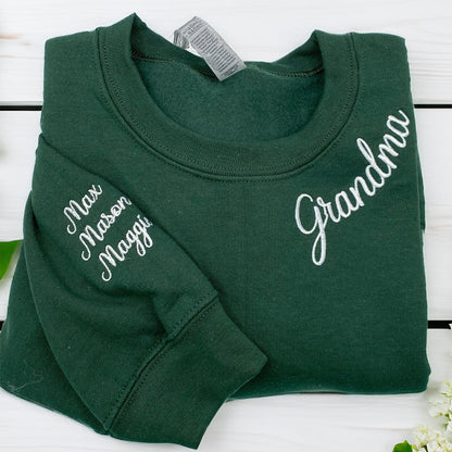 Custom Embroidered Grandma Sweatshirts & Hoodies - Personalized Crewneck with Grandkids Name on Sleeve