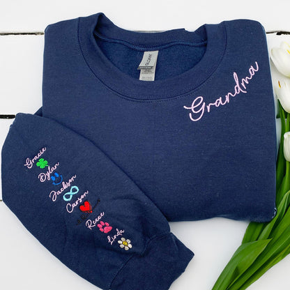 Custom Embroidered Grandma Sweatshirts & Hoodies - Personalized Crewneck with Grandkids Name on Sleeve