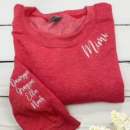 Custom Embroidered Grandma Sweatshirts & Hoodies - Personalized Crewneck with Grandkids Name on Sleeve