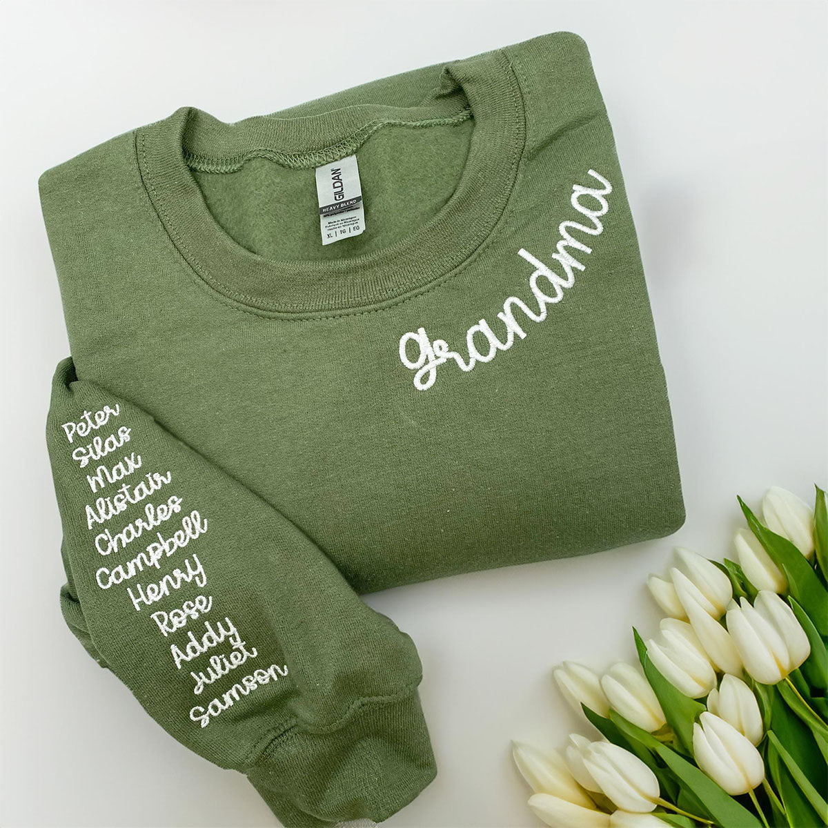 Custom Embroidered Grandma Sweatshirts & Hoodies - Personalized Crewneck with Grandkids Name on Sleeve