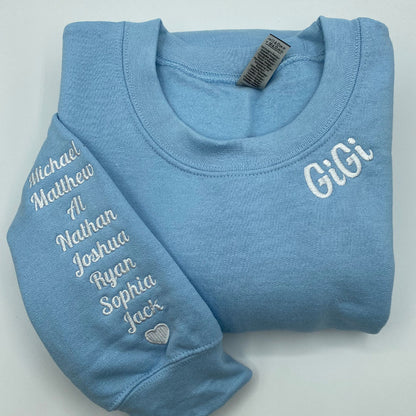 Custom Embroidered Grandmother Sweatshirt Hoodie with Initial Heart on Sleeve, Unique Gift for Grandma