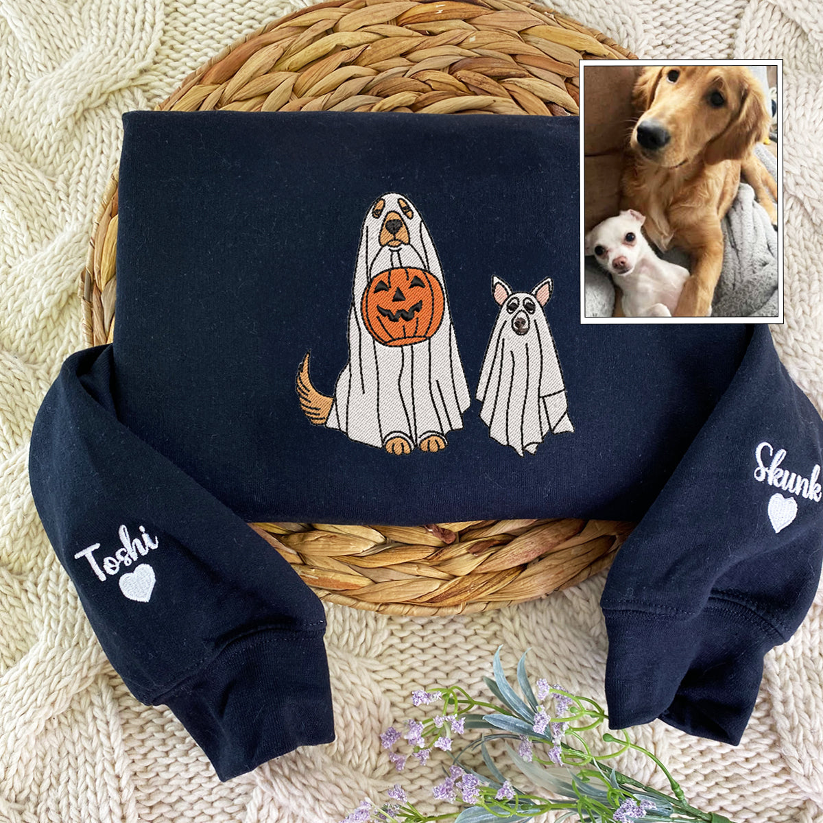 Custom Embroidered Halloween Ghost Dog Sweatshirt Hoodie with Dog's Name on Sleeve