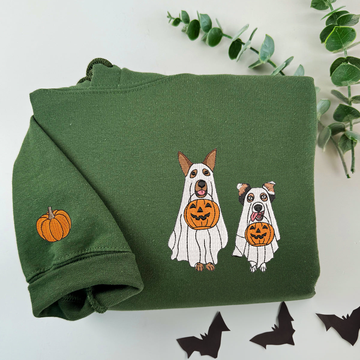 Custom Embroidered Halloween Ghost Dog Sweatshirt Hoodie with Dog's Name on Sleeve