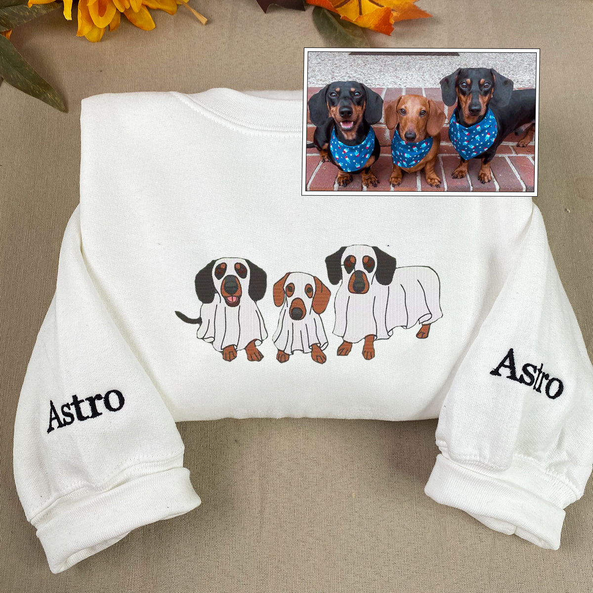 Custom Embroidered Halloween Ghost Dog Sweatshirt Hoodie with Dog's Name on Sleeve