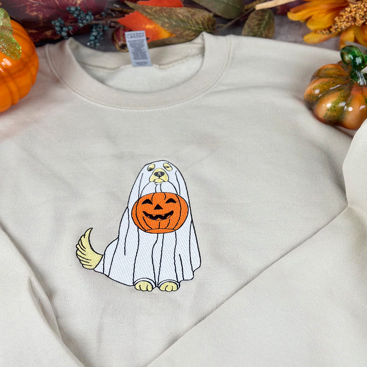 Custom Embroidered Halloween Ghost Dog Sweatshirt Hoodie with Dog's Name on Sleeve