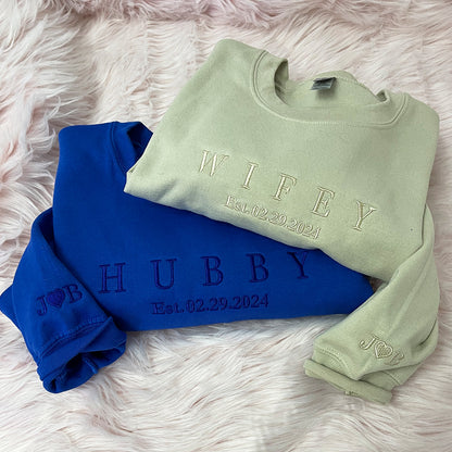 Custom Embroidered Hubby and Wifey Sweatshirt Hoodie, Perfect Gift for Honeymoon