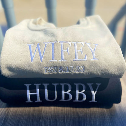 Custom Embroidered Hubby and Wifey Sweatshirt Hoodie, Perfect Gift for Honeymoon