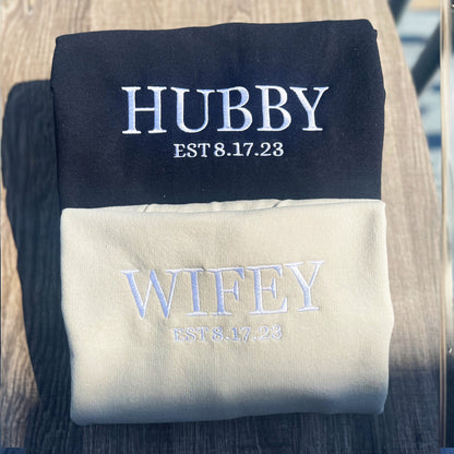 Custom Embroidered Hubby and Wifey Sweatshirt Hoodie, Perfect Gift for Honeymoon