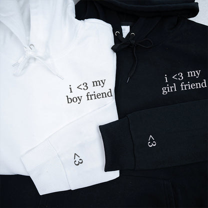 Custom Embroidered I Love My Boy, Girl Friend Sweatshirt Hoodie with Initials on Sleeve