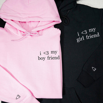 Custom Embroidered I Love My Boy, Girl Friend Sweatshirt Hoodie with Initials on Sleeve