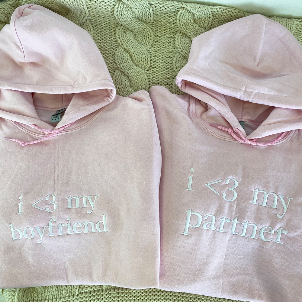 Custom Embroidered I Love My Boy, Girl Friend Sweatshirt Hoodie with Initials on Sleeve