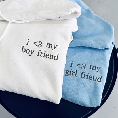 Custom Embroidered I Love My Boy, Girl Friend Sweatshirt Hoodie with Initials on Sleeve