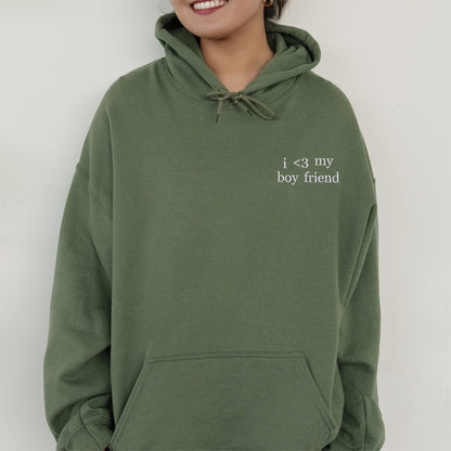 Custom Embroidered I Love My Boy, Girl Friend Sweatshirt Hoodie with Initials on Sleeve