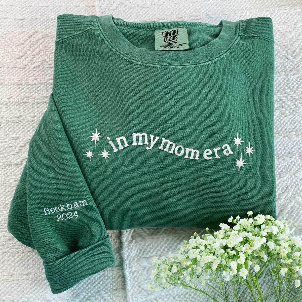 Custom Embroidered In My Mom Era Sweatshirt with Kid's Name on Sleeve