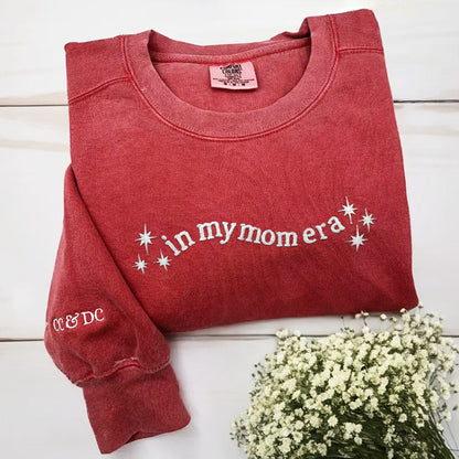 Custom Embroidered In My Mom Era Sweatshirt with Kid's Name on Sleeve