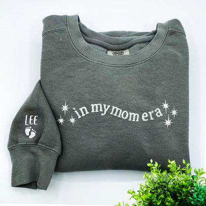 Custom Embroidered In My Mom Era Sweatshirt with Kid's Name on Sleeve