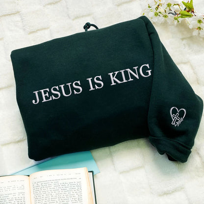 Custom Embroidered Jesus is King Sweatshirt Hoodie with Custom Icon on Sleeve