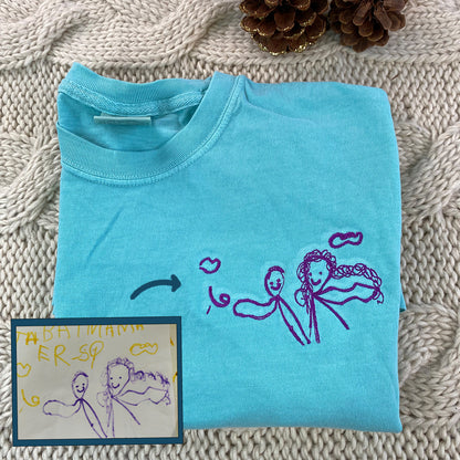 Custom Embroidered Kids Photo Drawing T-shirt, Special Gift for Parent