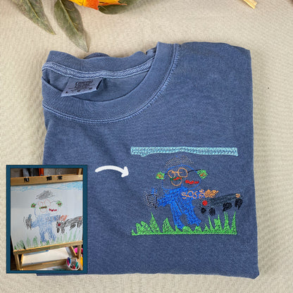 Custom Embroidered Kids Photo Drawing T-shirt, Special Gift for Parent