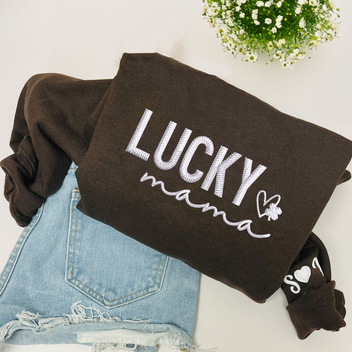 Custom Embroidered Lucky Mama Sweatshirt Hoodie, Best Gift for Mom