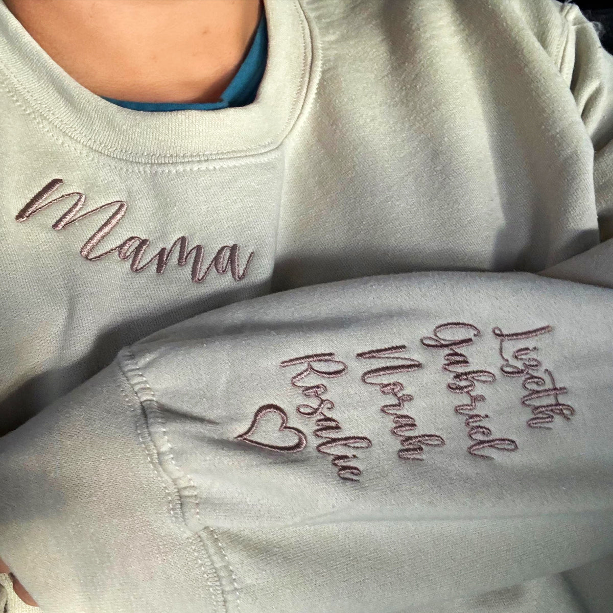 Custom Embroidered Mama Sweatshirt Hoodie with Kids Names on Sleeve