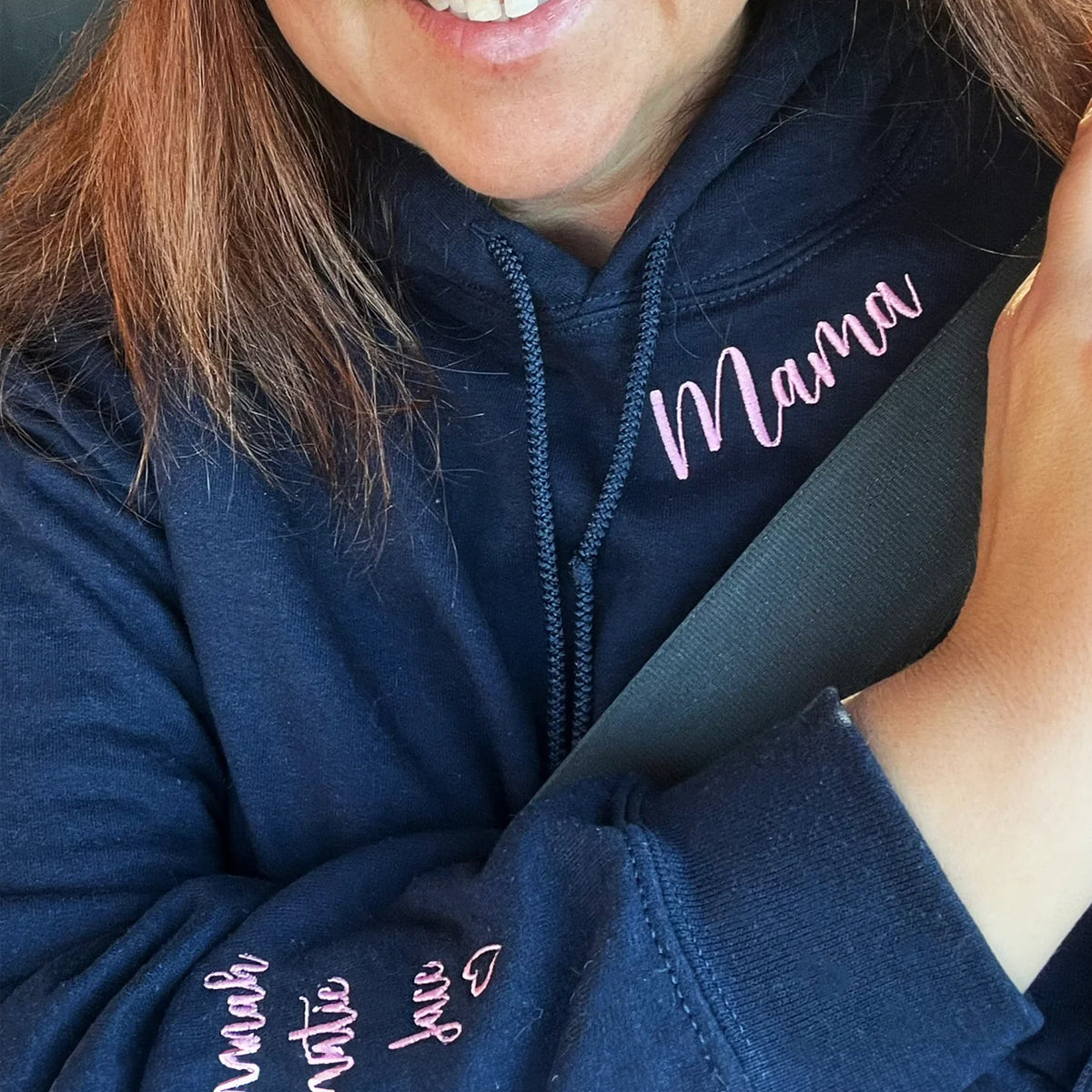 Custom Embroidered Mama Sweatshirt Hoodie with Kids Names on Sleeve