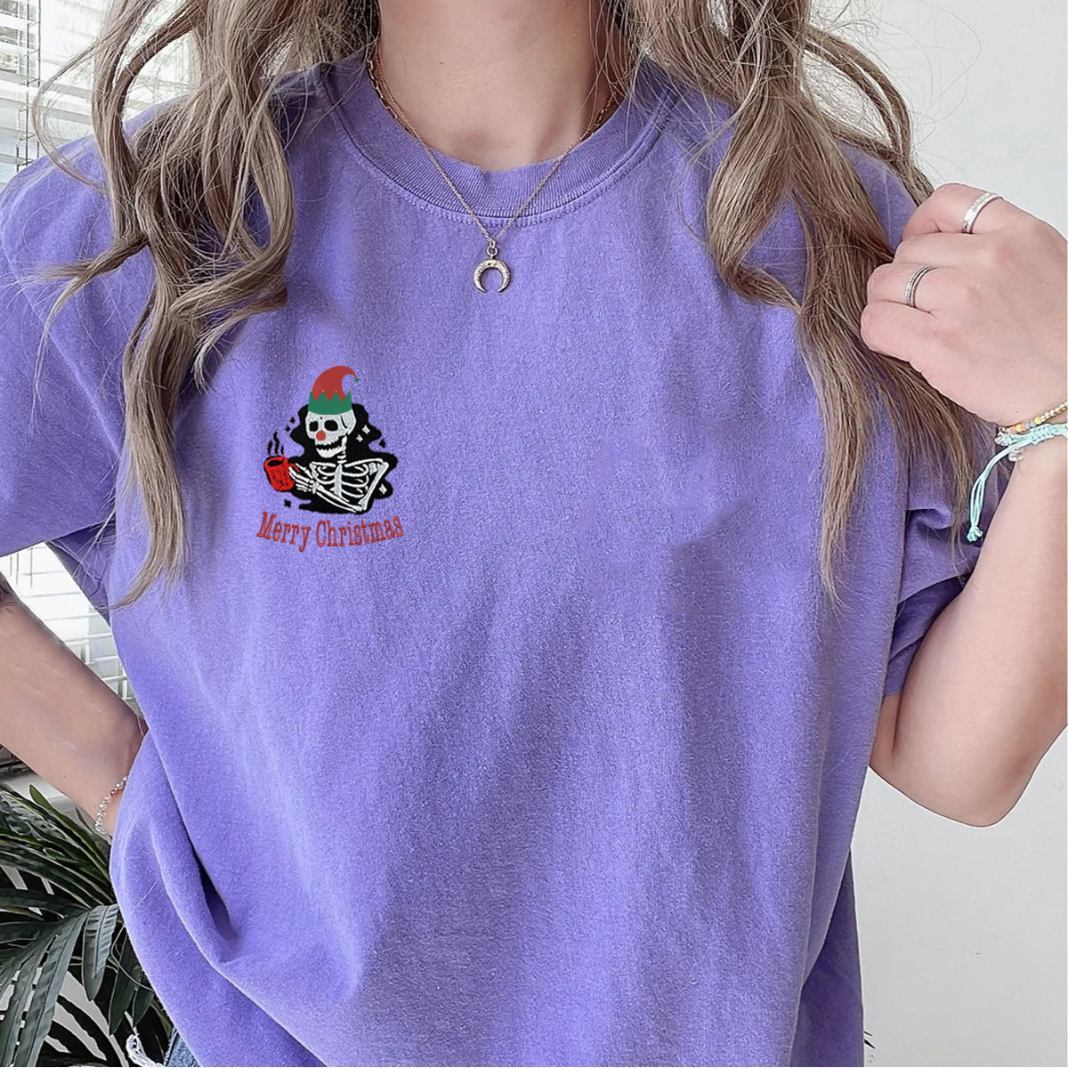 Custom Embroidered Merry Christmas Skeleton T-shirt