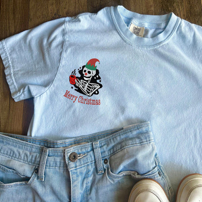 Custom Embroidered Merry Christmas Skeleton T-shirt