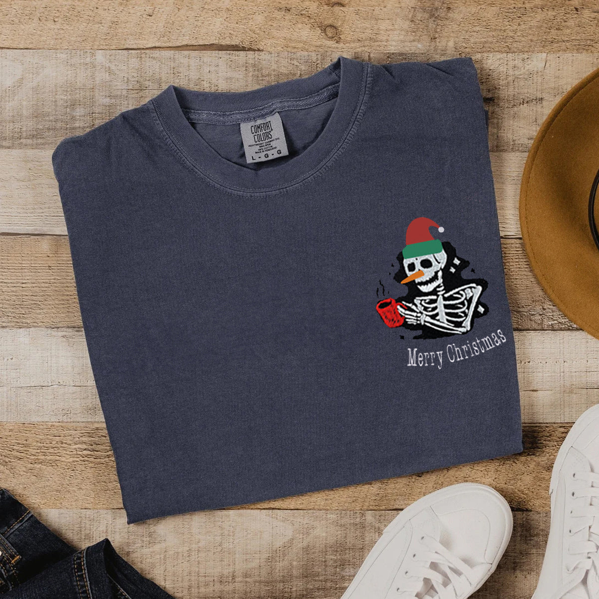 Custom Embroidered Merry Christmas Skeleton T-shirt