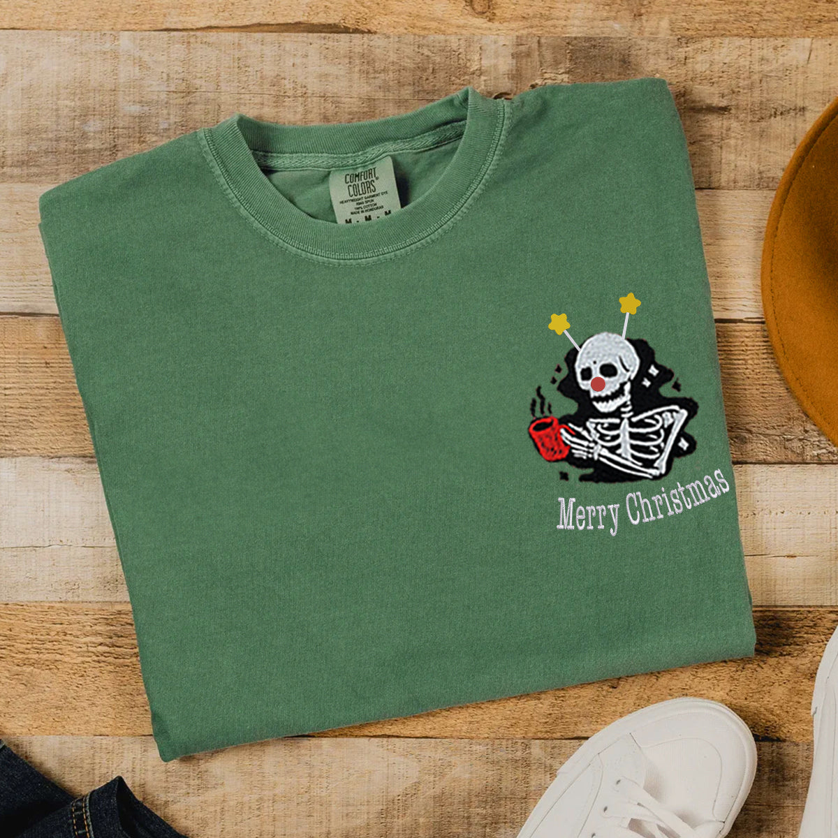 Custom Embroidered Merry Christmas Skeleton T-shirt