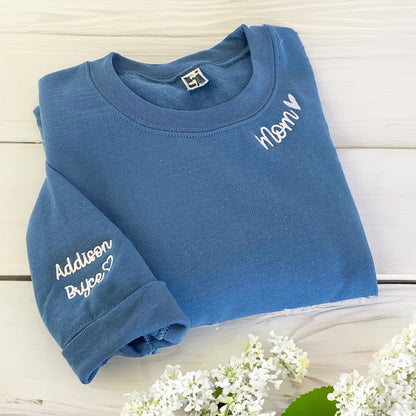 Custom Embroidered Mom Sweatshirts & Hoodies - Personalized Crewneck with Kids Name on Sleeve