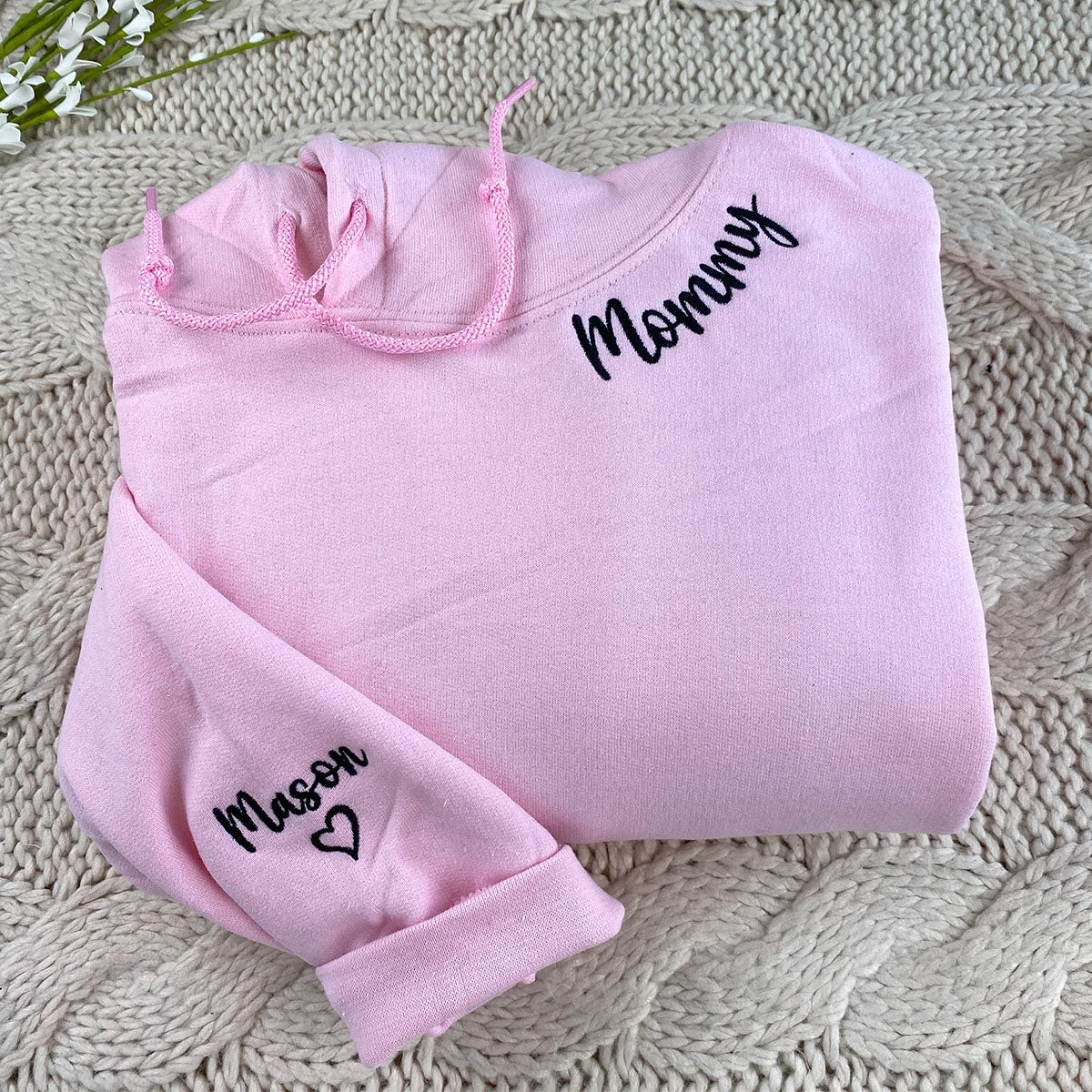 Custom Embroidered Mom Sweatshirts & Hoodies - Personalized Crewneck with Kids Name on Sleeve