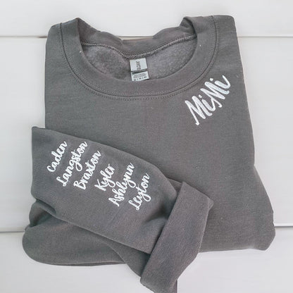 Custom Embroidered Mom Sweatshirts & Hoodies - Personalized Crewneck with Kids Name on Sleeve