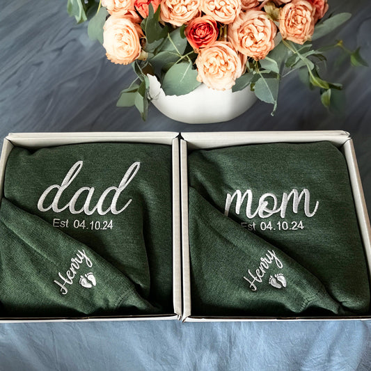 Custom Embroidered Mom and Dad Sweatshirt Hoodie with Est Year, Kids Names