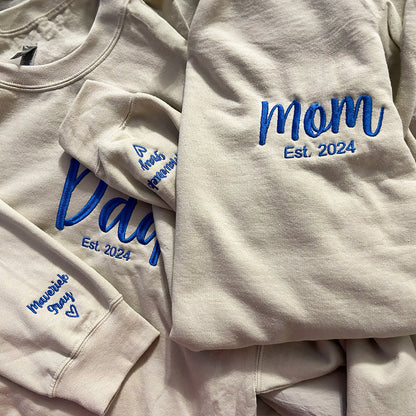 Custom Embroidered Mom and Dad Sweatshirt Hoodie with Est Year, Kids Names