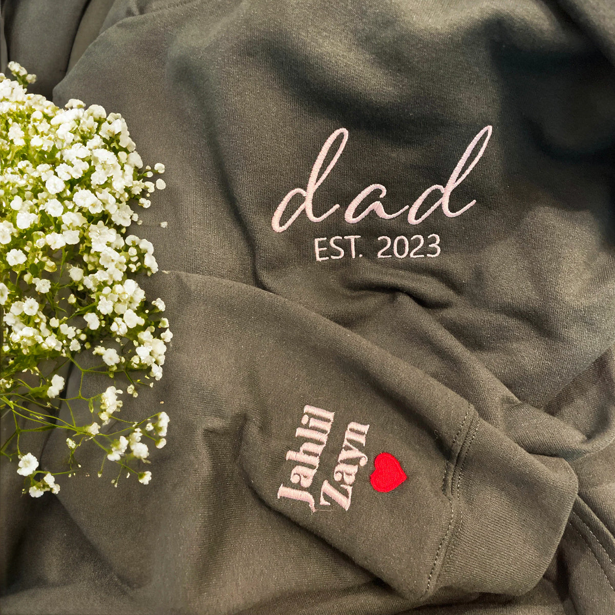 Custom Embroidered Mom and Dad Sweatshirt Hoodie with Est Year, Kids Names